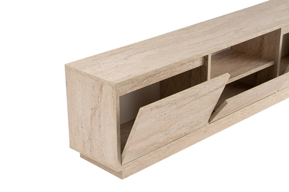 TV Meubels - TV Meubel Japandi Travertin Melamine - drie kastjes - 160x42x29,5 cm - Flare - Dimehouse