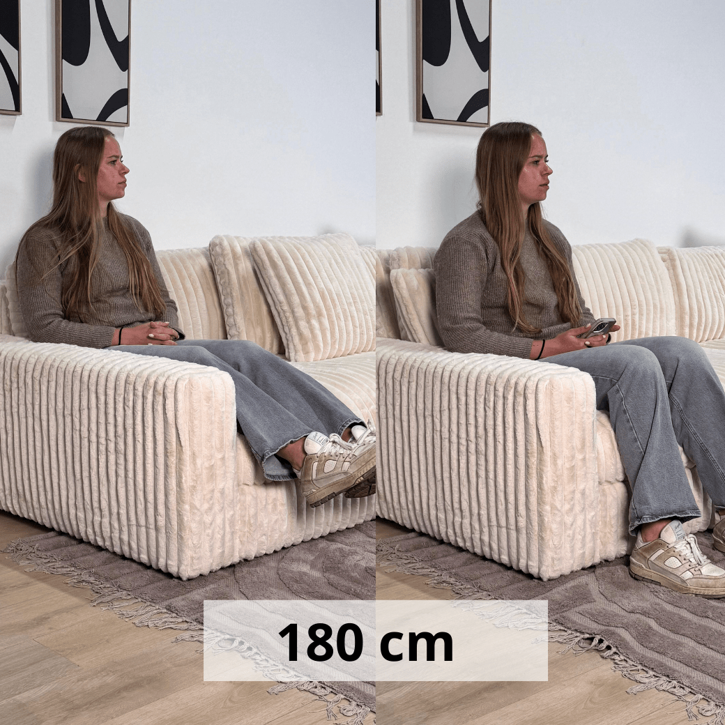 Banken - 3 - zits hoekbank XXL Beige Ribstof plofbank Nia - Dimehouse