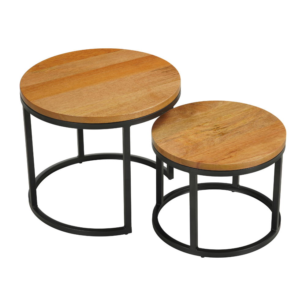 Set van 2 ronde salontafels naturel mangohout - industrieel - Rosy