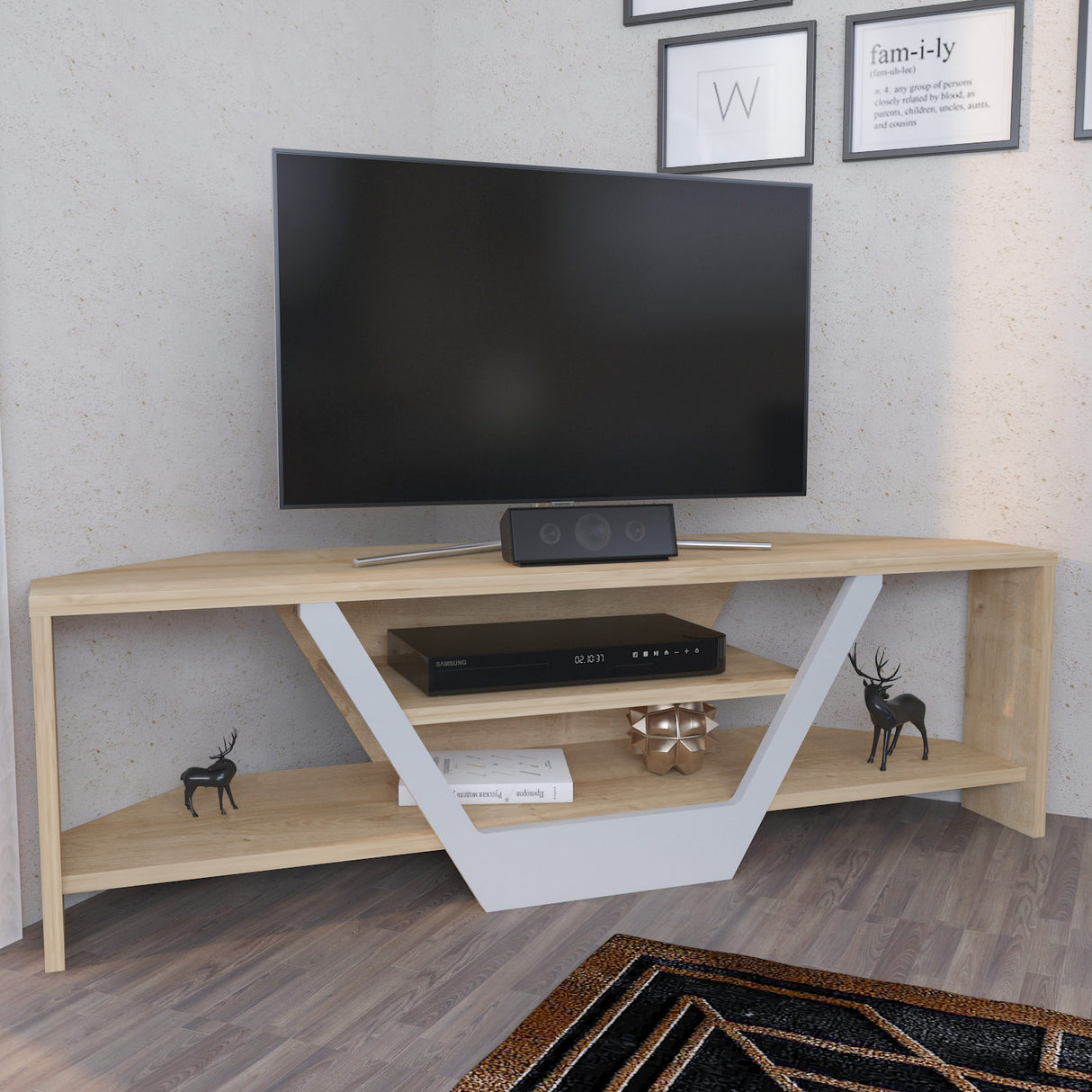 Sares TV-Schrank in Eichenoptik weiß 120 cm Weiß und Eichenoptik Melaminbeschichteter Holzverbundstoff