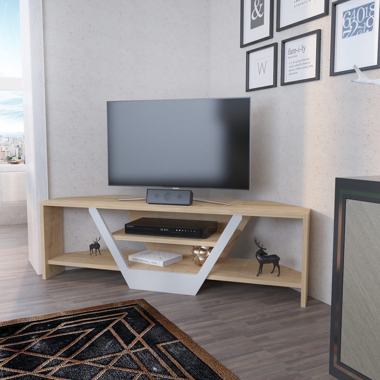 Sares TV-Schrank in Eichenoptik weiß 120 cm Weiß und Eichenoptik Melaminbeschichteter Holzverbundstoff