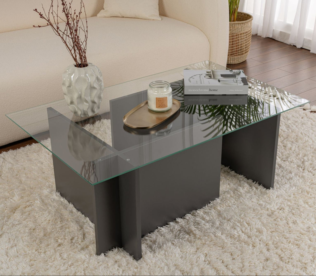 Salontafels - Rechthoekige Moderne Salontafel Vetroni Antraciet - Glas - 105x65 cm - Dimehouse