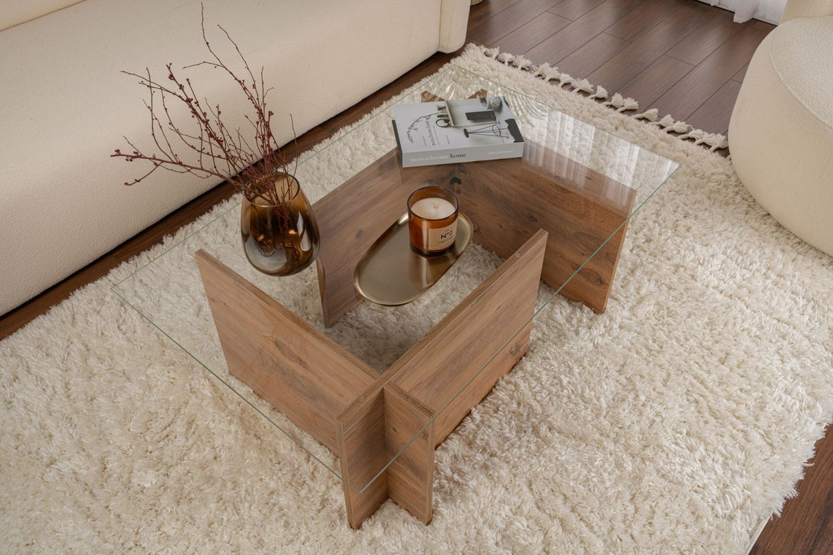 Salontafels - Rechthoekige Moderne Salontafel Vetroni Atlantisch Dennenhout Look - Glas - 105x65 cm - Dimehouse