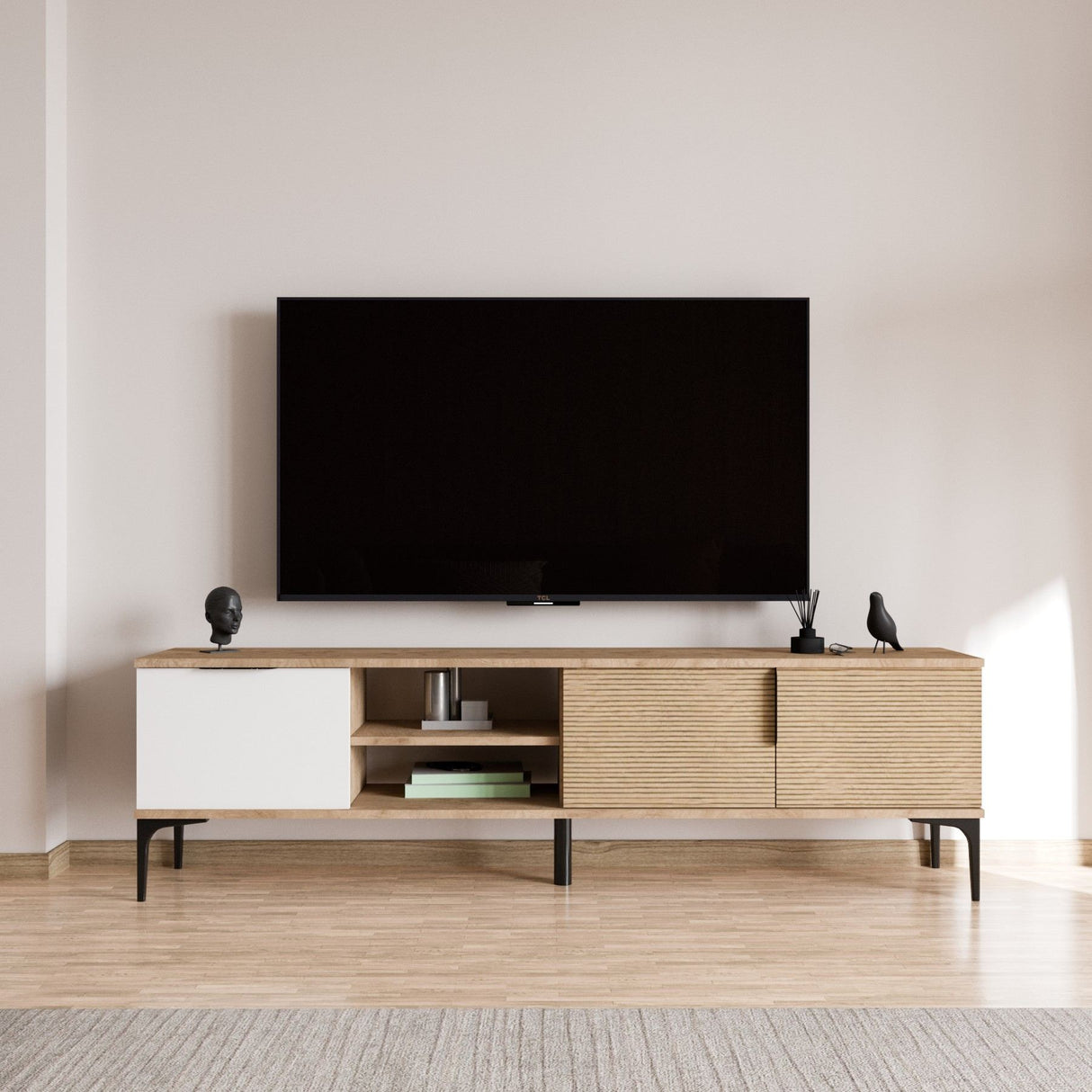 Sideboard Tarz in Weißeichenoptik 180 cm Weiß, Eichenoptik Melaminbeschichteter Holzverbundstoff
