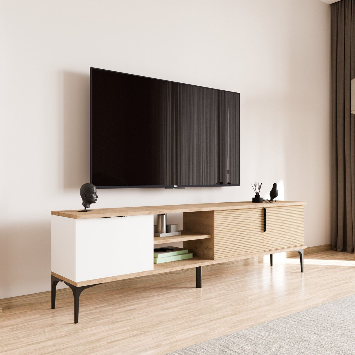 Sideboard Tarz in Weißeichenoptik 180 cm Weiß, Eichenoptik Melaminbeschichteter Holzverbundstoff