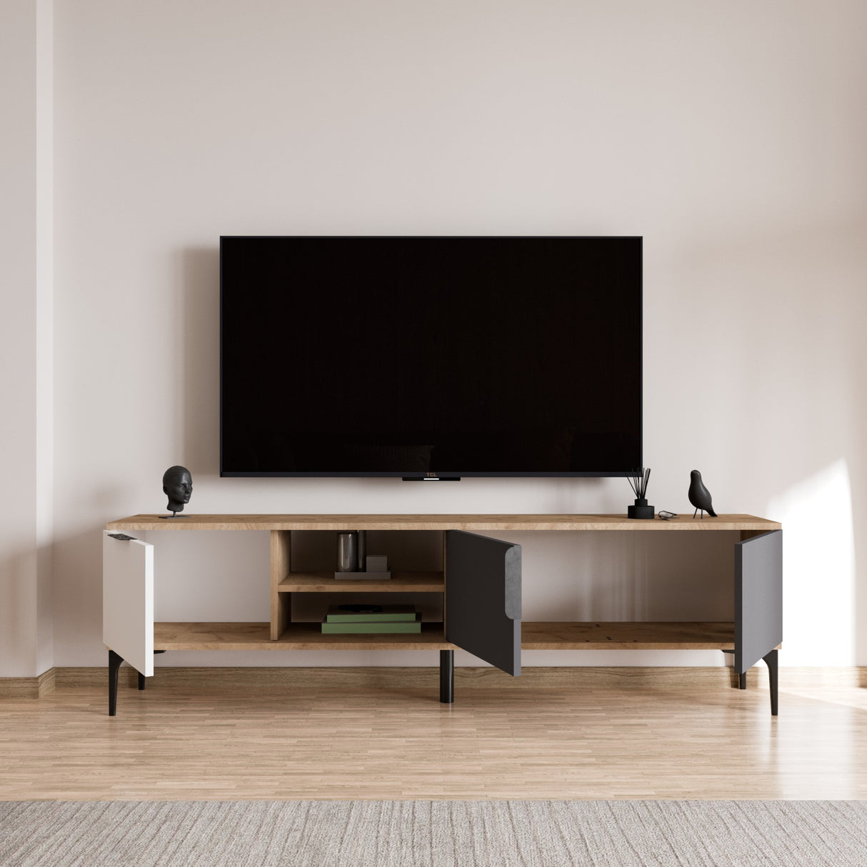Tarz TV-Schrank mit offenen Fächern 180 cm Weiß, Anthrazit und Eichenoptik Melaminbeschichteter Holzverbundstoff