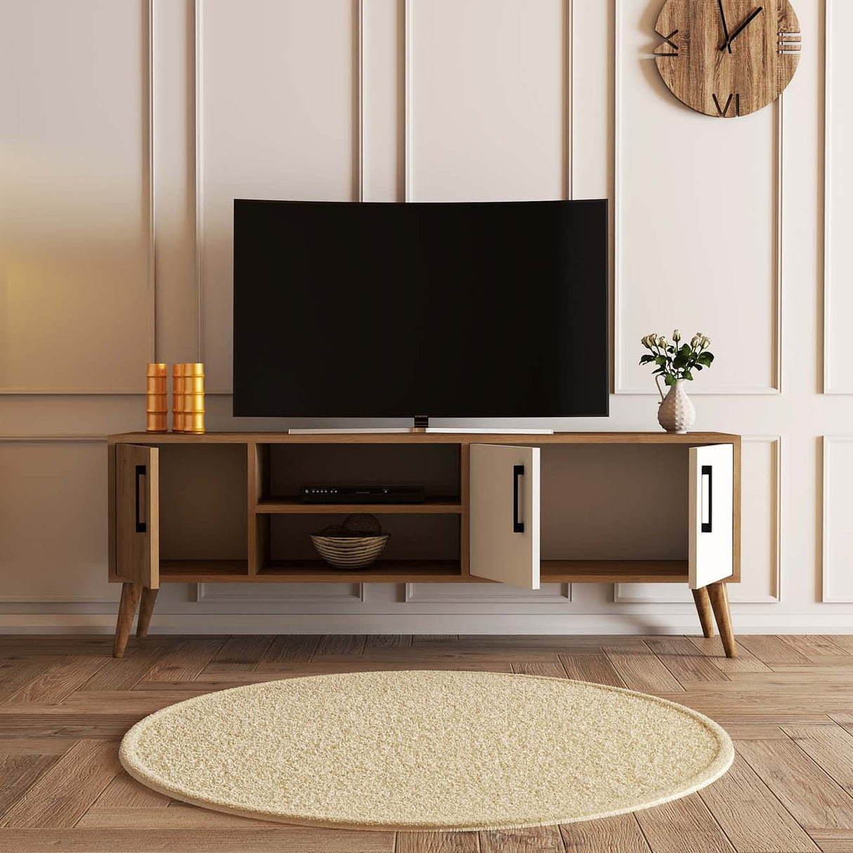 TV Meubels - TV Meubel Exxen Eik Wit Melamine 150x52x34 cm - Dimehouse