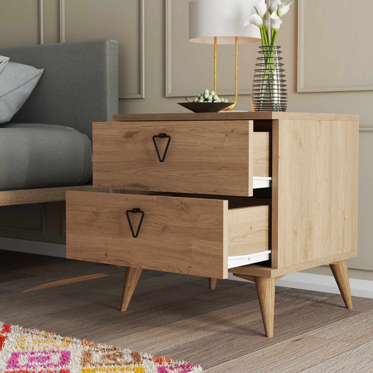 Nachtkastjes - Nachtkastje Versa Eik Melamine 52x55,1x45 cm - Dimehouse