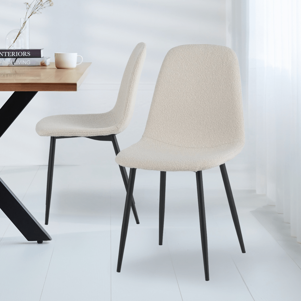 Eetkamerstoelen - Set van 4 Scandinavische Eetkamerstoelen Crème Bouclé Stof Swift - Zonder Armleuningen - Dimehouse