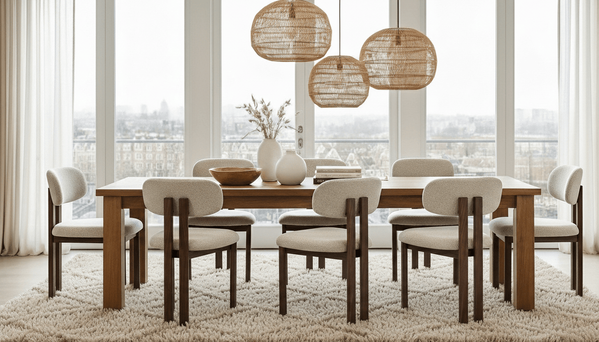 Eetkamerstoelen - Japandi Eetkamerstoel Miyo Bouclé Zandkleur - Walnootlook Frame - Dimehouse
