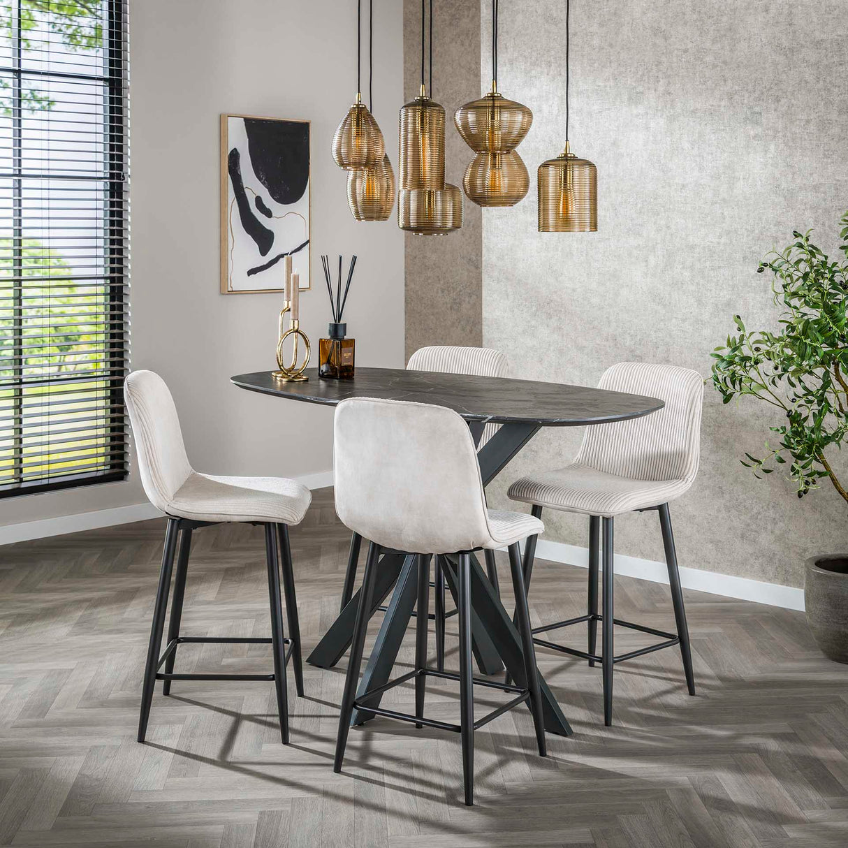 Set mit 2 Barhockern Lento Rib Rock Ivory