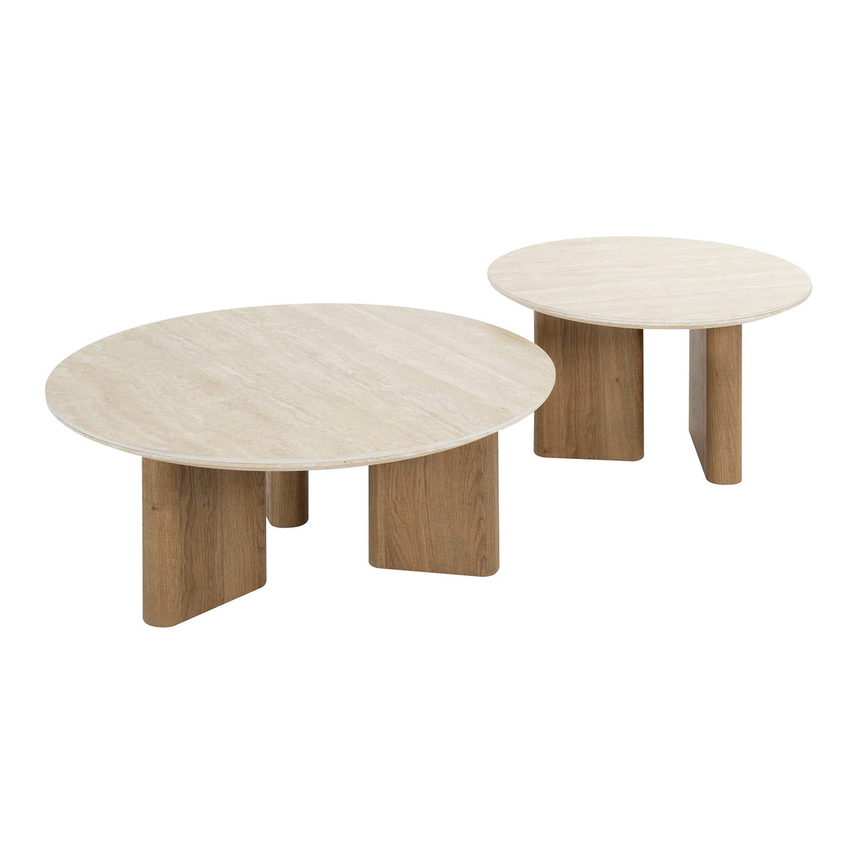 Salontafels - Set van 2 ronde salontafels Jimi travertin blad met walnoot onderstel - Dimehouse