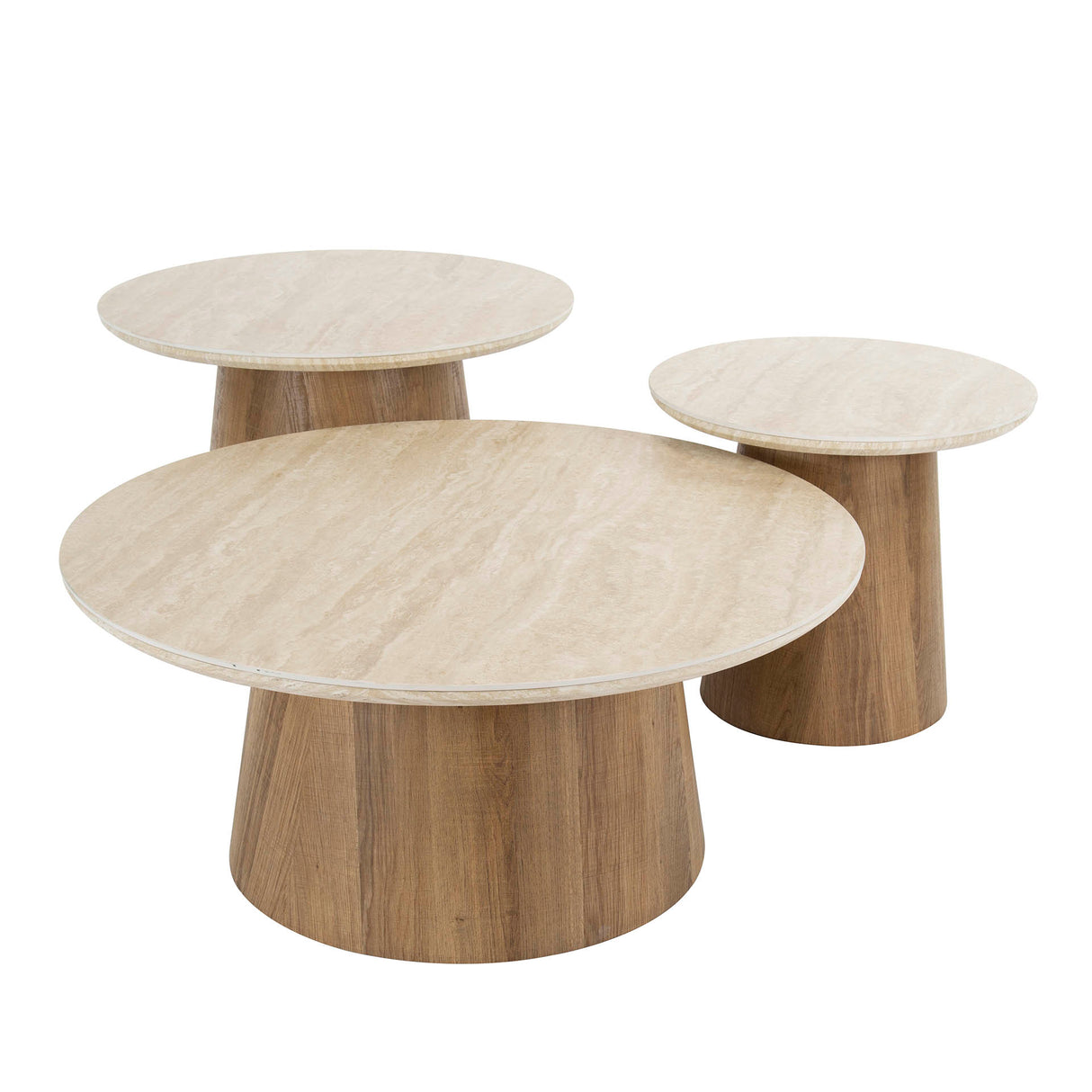 Salontafels - Set van 3 ronde salontafels Jimi travertin blad met walnoot onderstel - Dimehouse