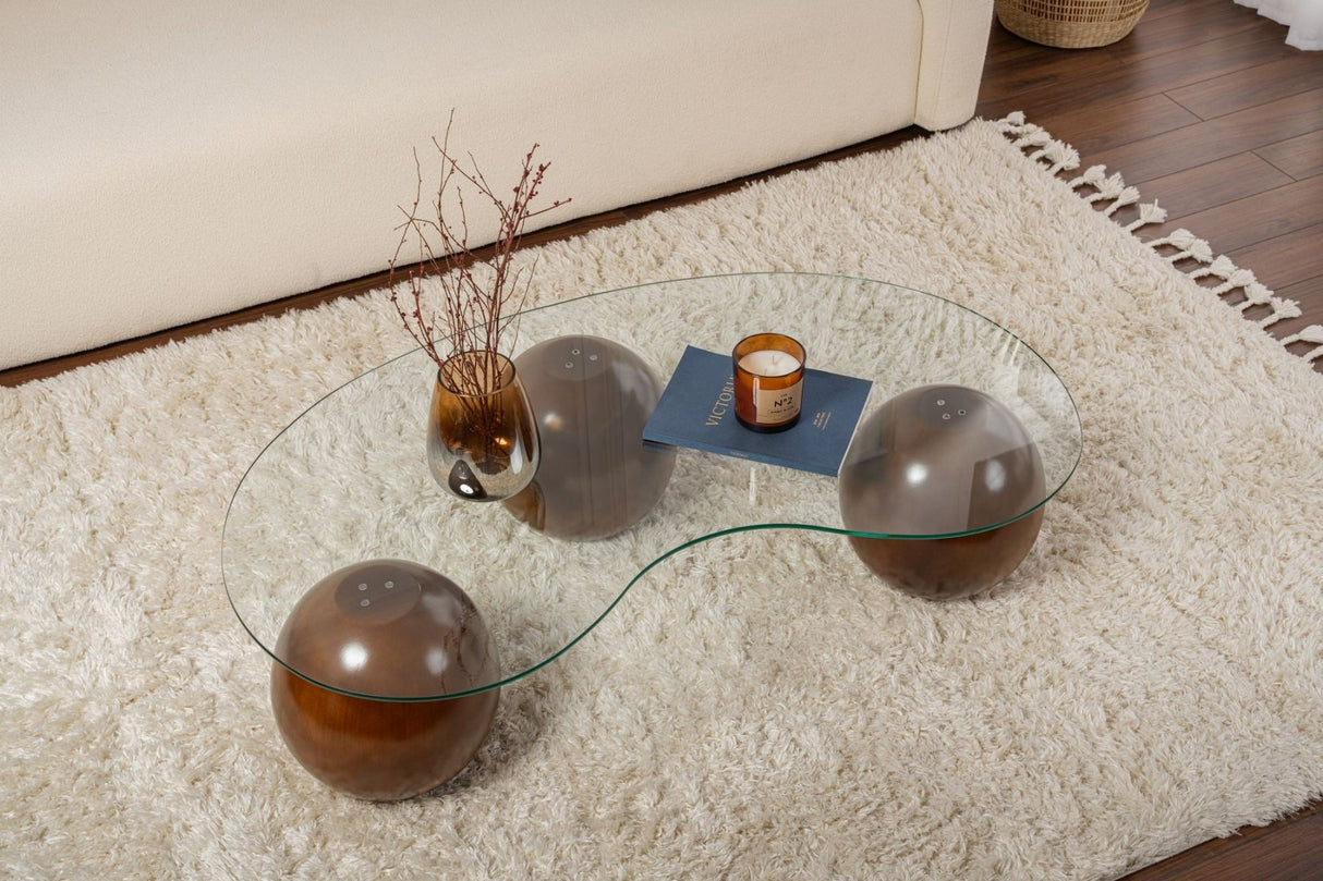 Salontafels - Organische salontafel transparant glas walnoot bolpoten Sphere 120x70 cm - Dimehouse
