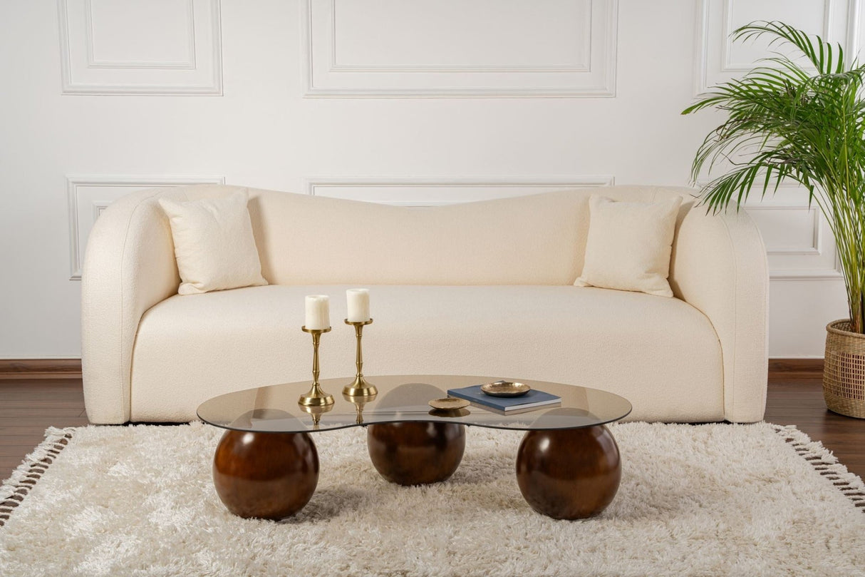 Salontafels - Organische salontafel brons getint glas walnoot bolpoten Sphere 120x70 cm - Dimehouse