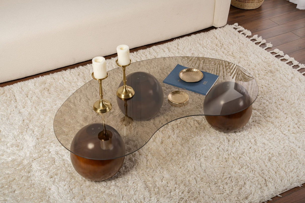Salontafels - Organische salontafel brons getint glas walnoot bolpoten Sphere 120x70 cm - Dimehouse