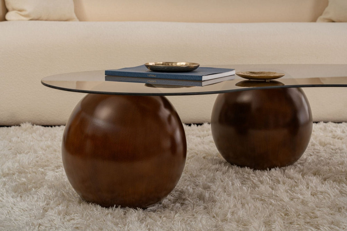 Salontafels - Organische salontafel brons getint glas walnoot bolpoten Sphere 120x70 cm - Dimehouse