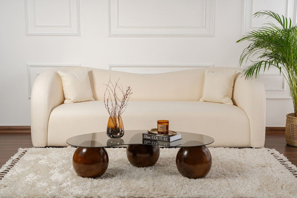 Salontafels - Organische salontafel grijs getint glas walnoot bolpoten Sphere 120x70 cm - Dimehouse