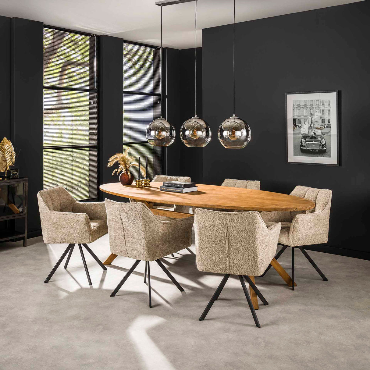 Eetkamerstoelen - Set van 2 Eetkamerstoelen Lino Bouclé Zand draaibaar Raster - Dimehouse