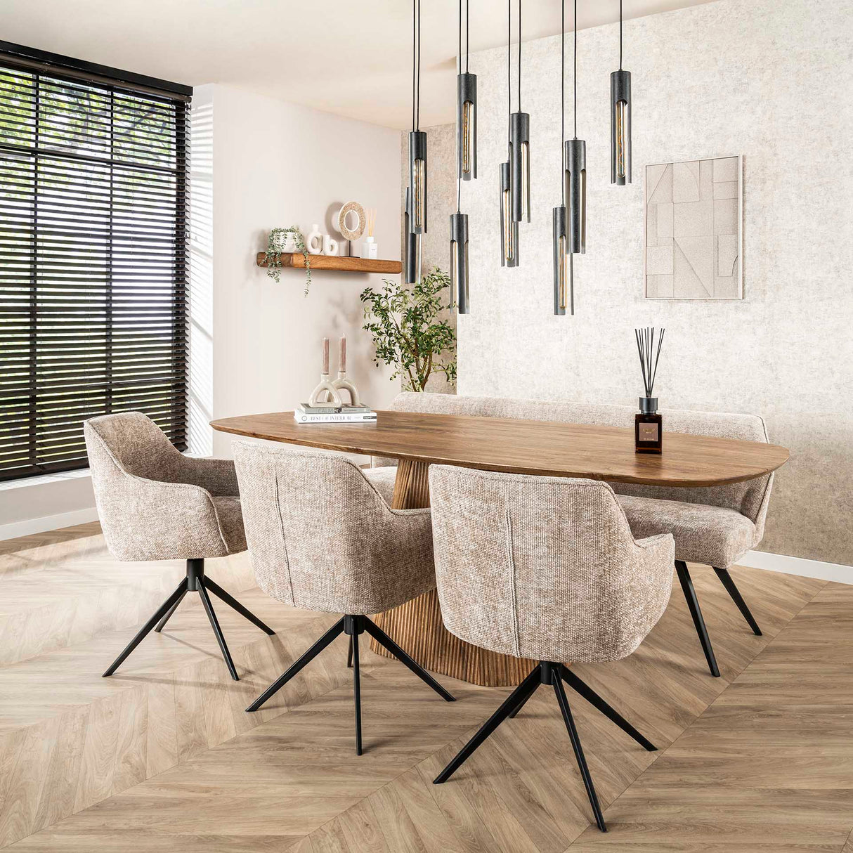 Eetkamerstoelen - Set van 2 eetkamerstoelen Chia Rich Stof Zand Draaibaar - Dimehouse