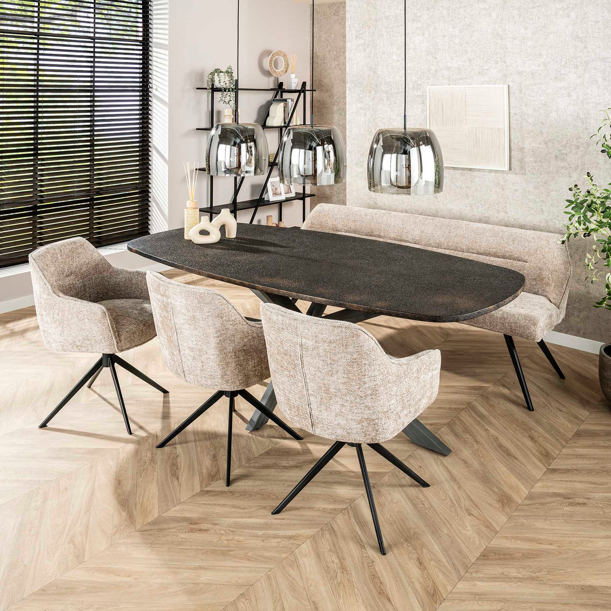Eetkamerstoelen - Set van 2 eetkamerstoelen Chia Rich Stof Zand Draaibaar - Dimehouse