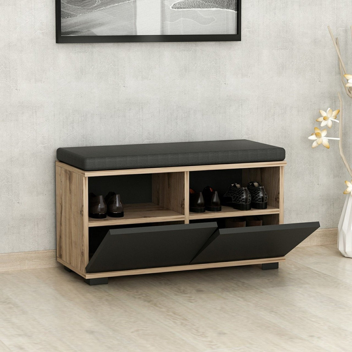 Schoenenkasten - Schoenenkast Drago Walnoot Zwart Melamine 80x42x35 cm - Dimehouse