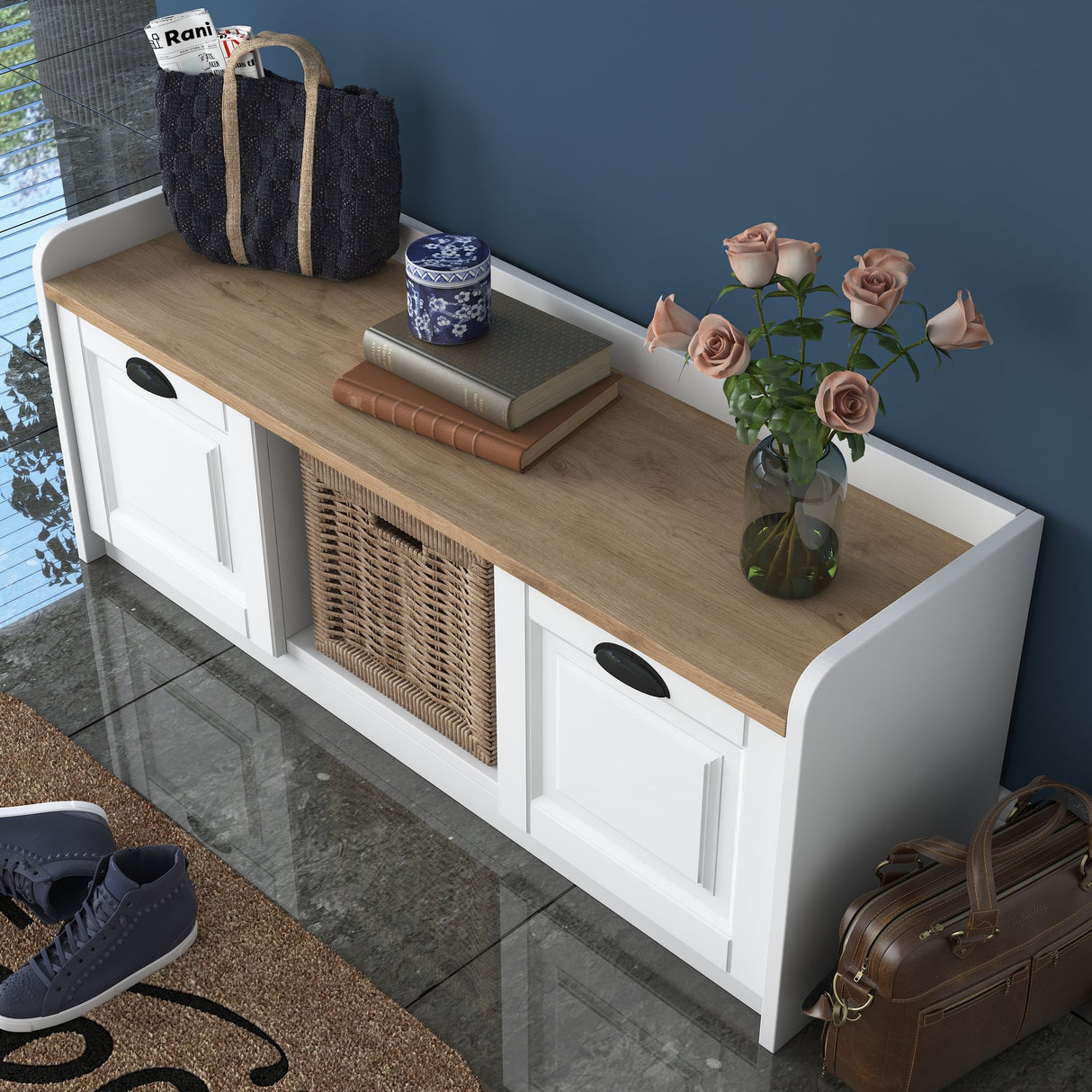 Schoenenkasten - Schoenenkast Samos Wit Walnoot Melamine - Dimehouse