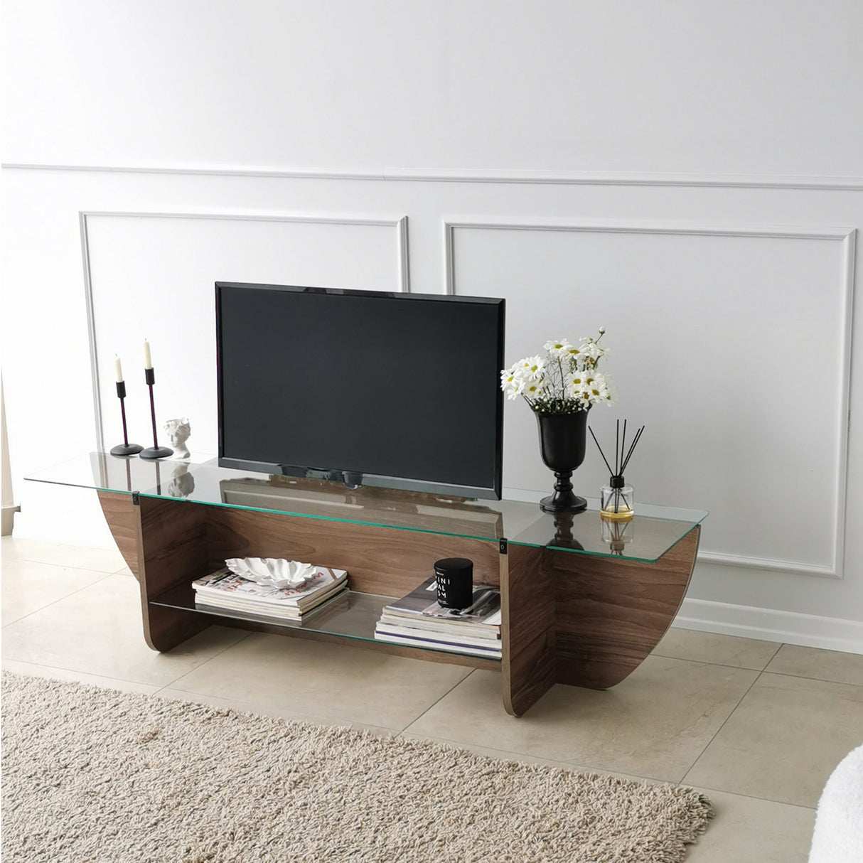 TV Meubels - TV Meubel Lily TV Walnoot Glas 158x40x35 cm - Dimehouse