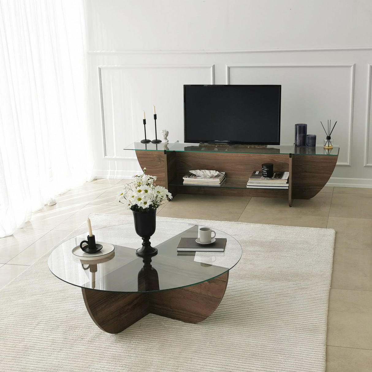 TV Meubels - TV Meubel Lily TV Walnoot Glas 158x40x35 cm - Dimehouse