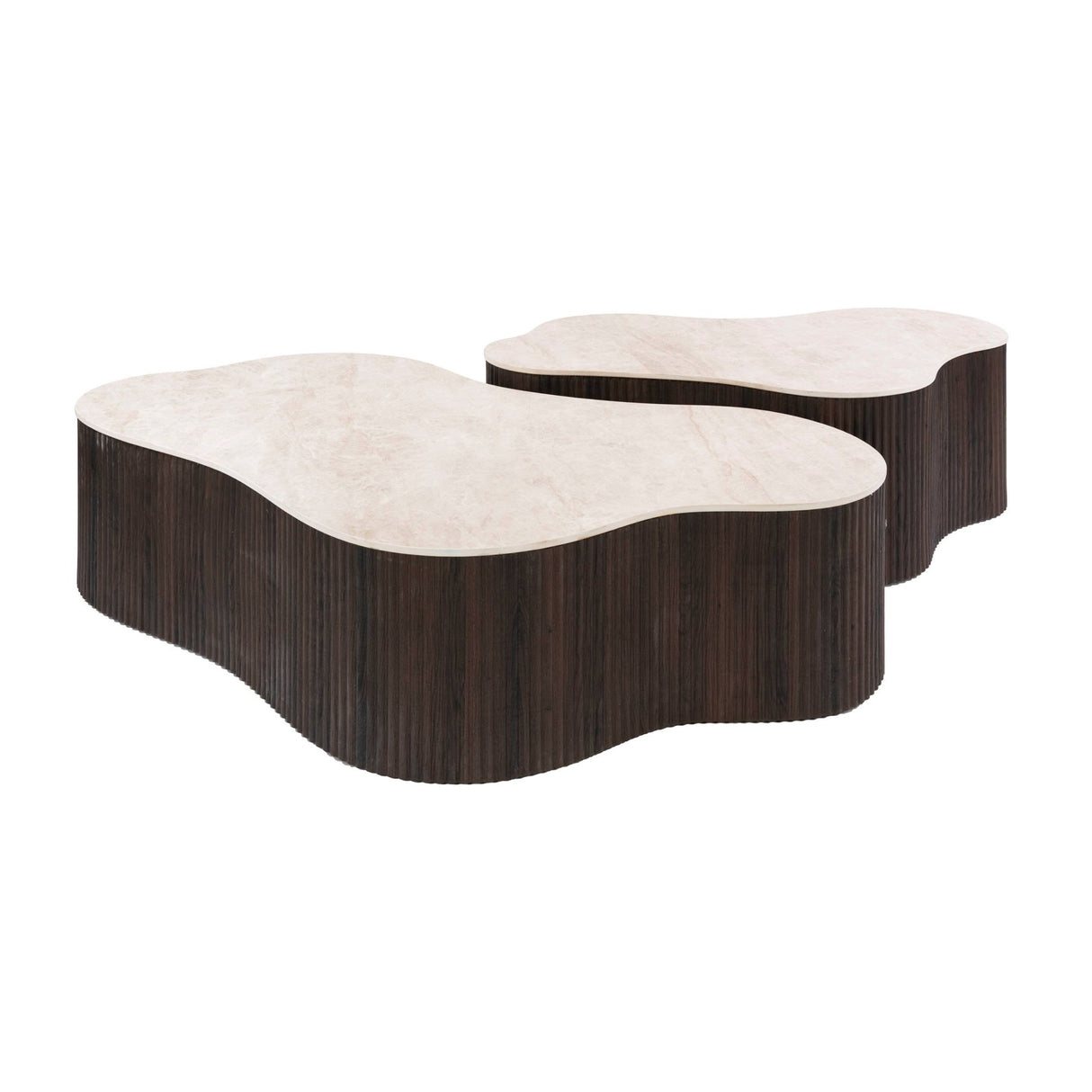 Weißes Foto-Set aus 2 Bio-Couchtischen Cruz Grand mit Taj Mahal-Keramikplatten und dunkelbraunem geripptem Untergestell.