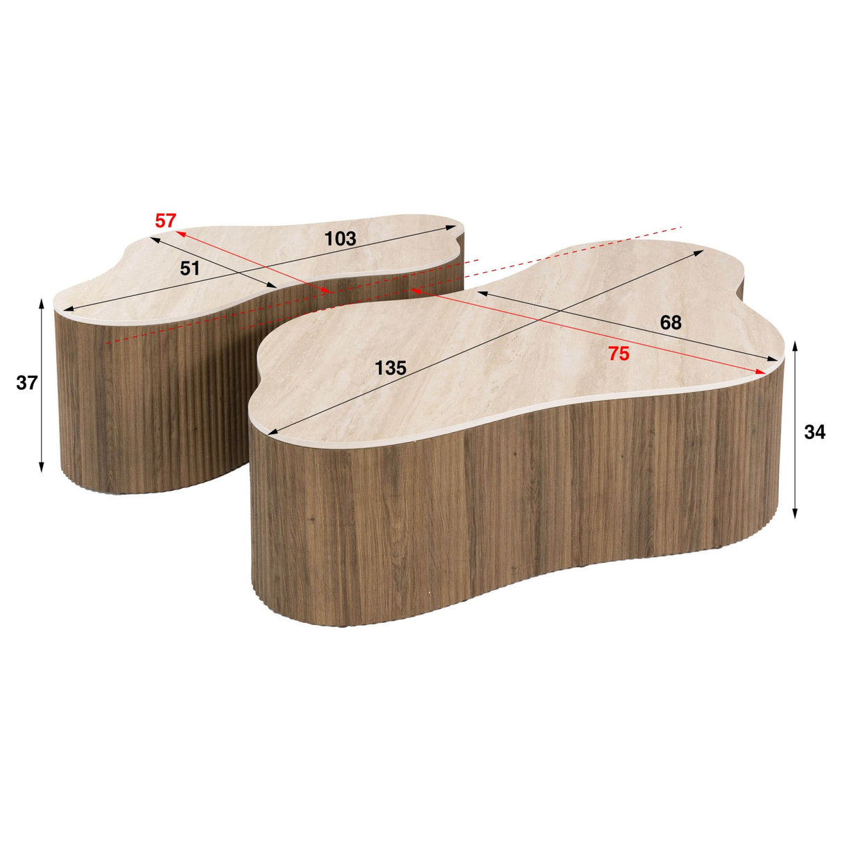 Weißes Foto mit Abmessungen, Set aus 2 Bio-Couchtischen Cruz Grand mit Travertin-Keramikplatten und geripptem Untergestell in Eichenholzoptik.