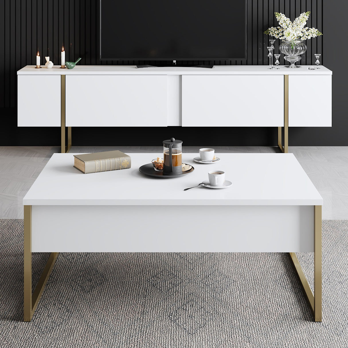 Salontafels - Rechthoekige Salontafel Wit Luxe 90x60 - Gouden Frame - Dimehouse