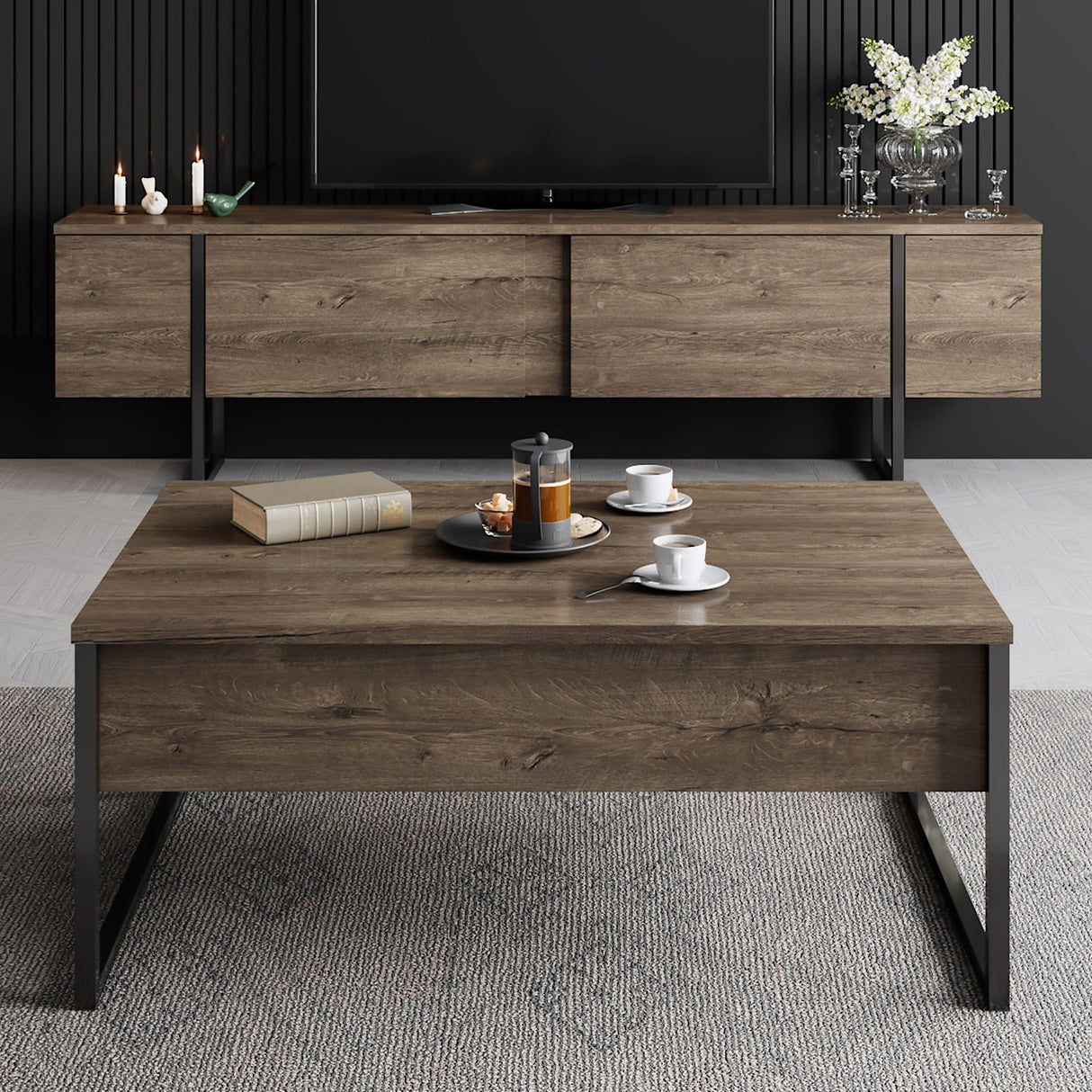 Salontafels - Rechthoekige Salontafel Walnoot Luxe 90x60 - Zwart Frame - Dimehouse