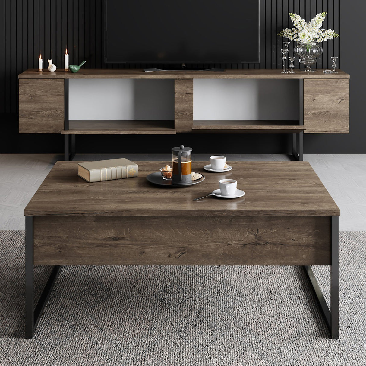 Meubelsets - Meubelset Walnoot Luxe - Salontafel + TV Meubel - Zwart Frame - Dimehouse