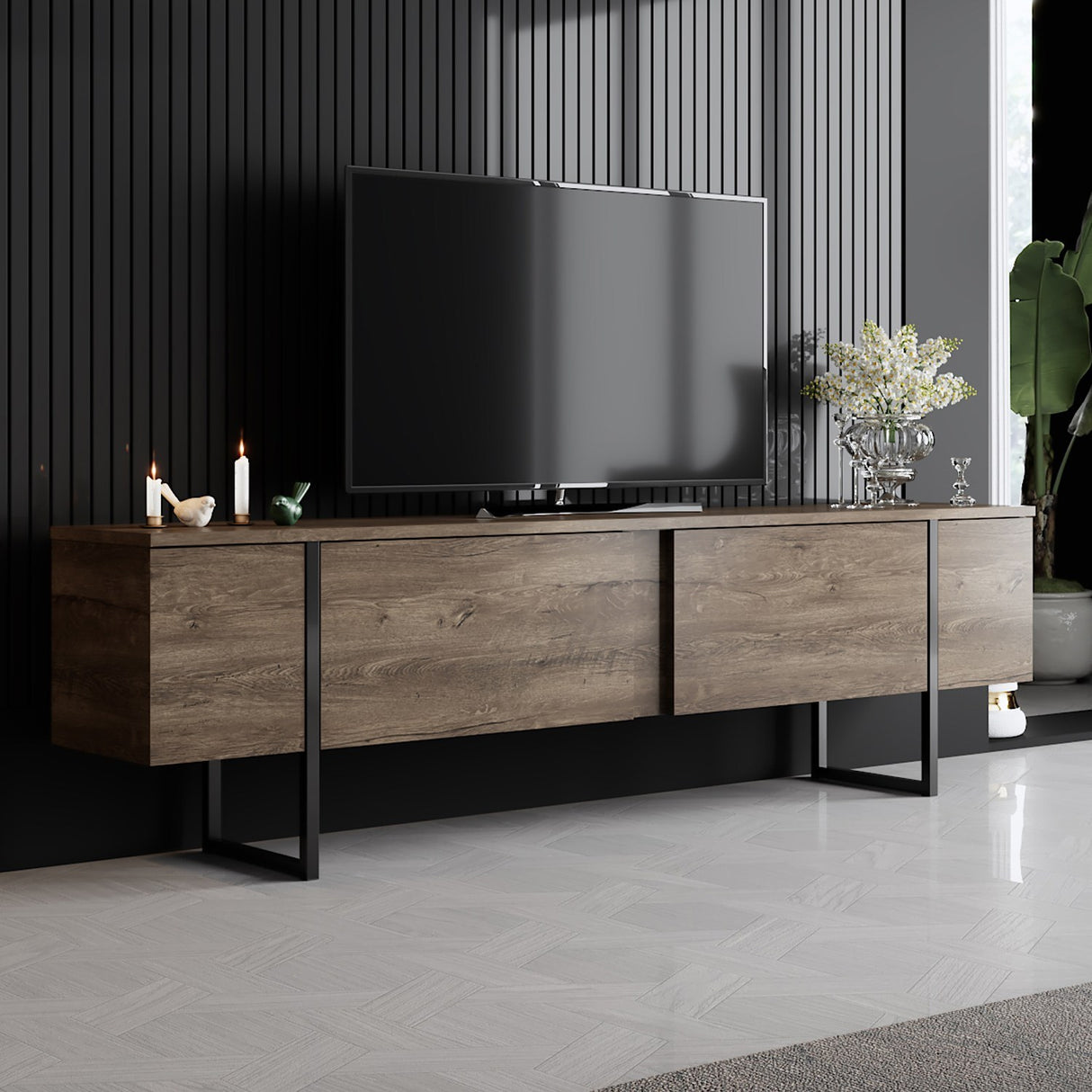 Meubelsets - Meubelset Walnoot Luxe - Salontafel + TV Meubel - Zwart Frame - Dimehouse
