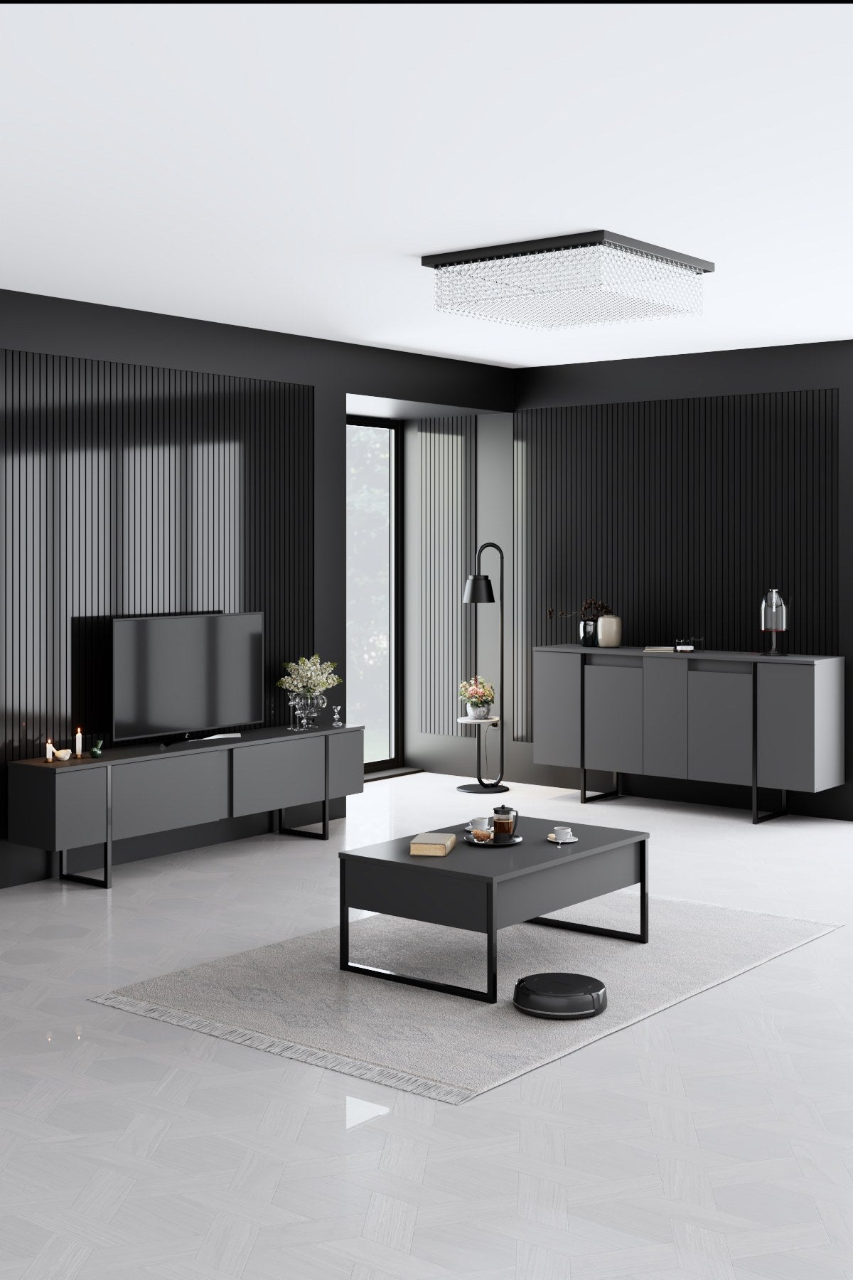 Dressoirs - Modern Dressoir Antraciet Luxe 160x80x35 - Zwart Frame - Dimehouse