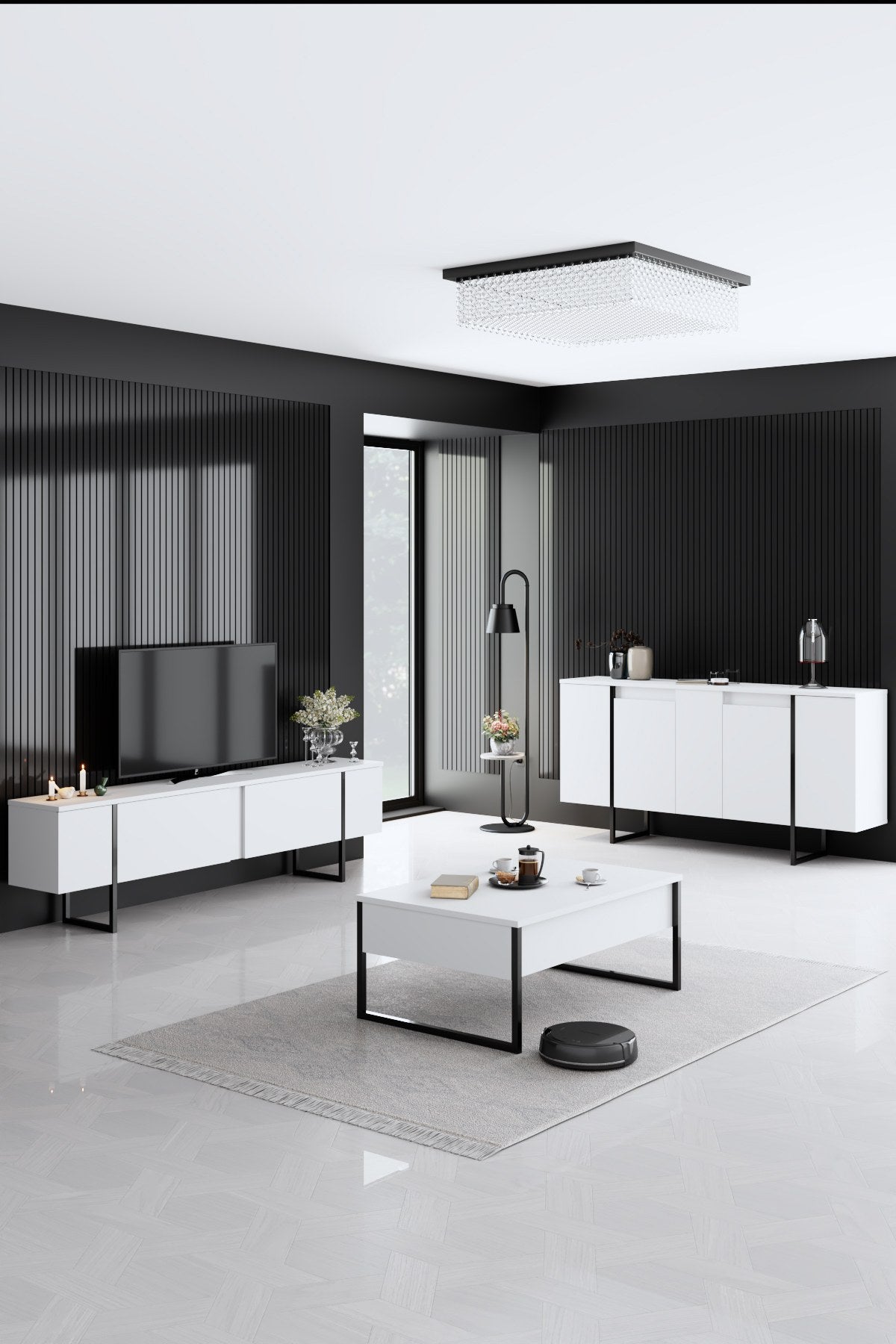Dressoirs - Modern Dressoir Wit Luxe 160x80x35 - Zwart Frame - Dimehouse