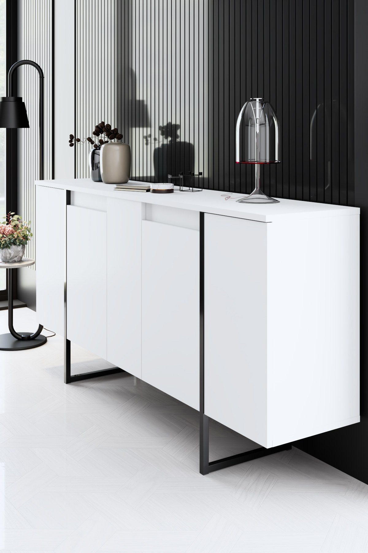 Dressoirs - Modern Dressoir Wit Luxe 160x80x35 - Zwart Frame - Dimehouse
