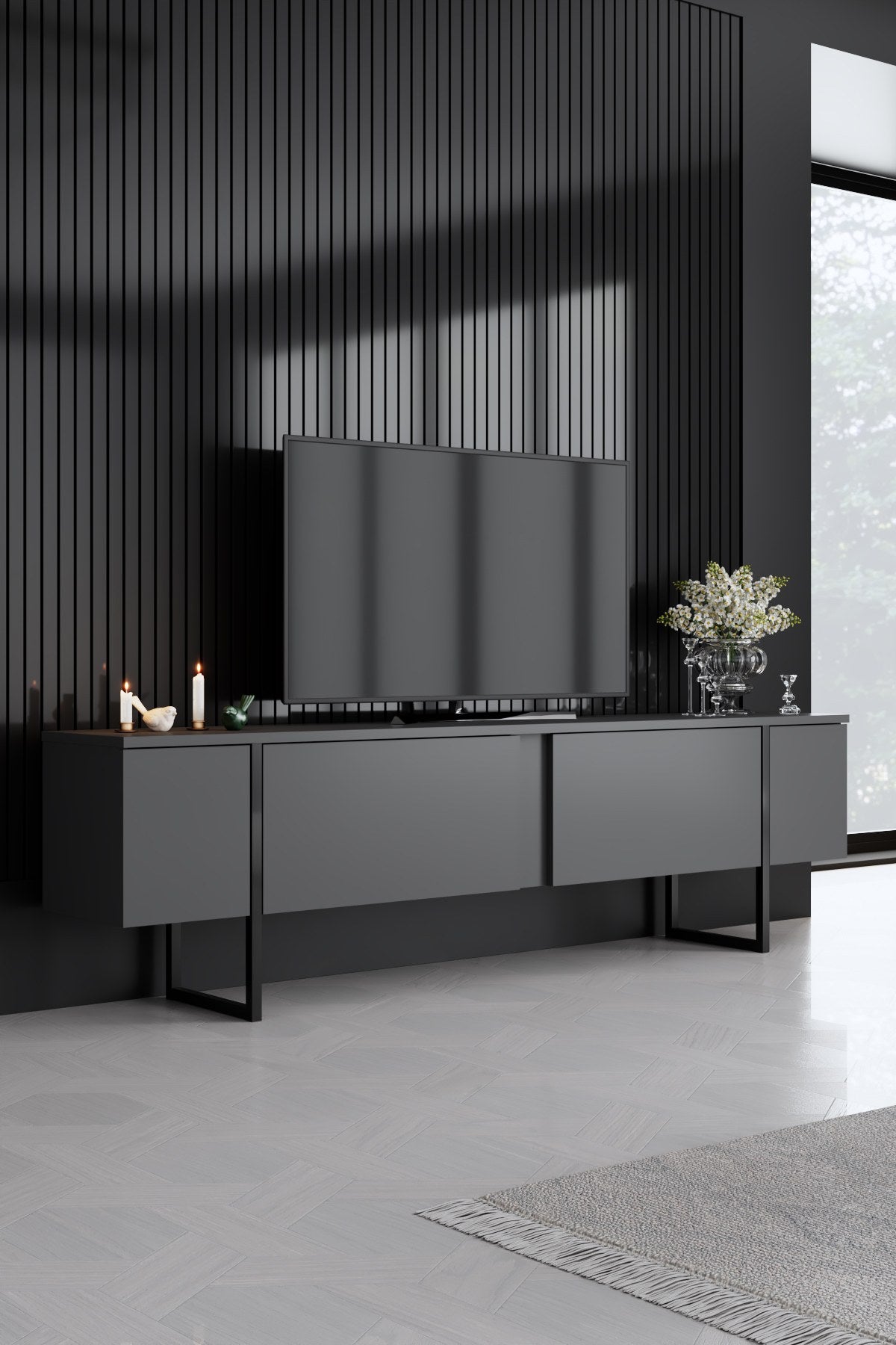 Meubelsets - Meubelset Antraciet Luxe - Salontafel + TV Meubel + Dressoir - Zwart Frame - Dimehouse