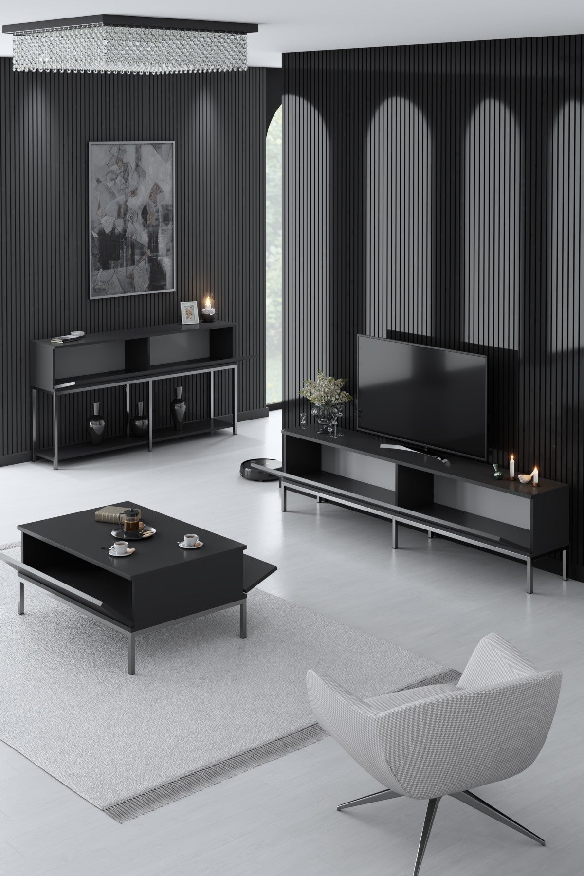 Meubelsets - Meubelset Antraciet Lord - Salontafel + TV Meubel + Dressoir - Zilver Frame - Dimehouse