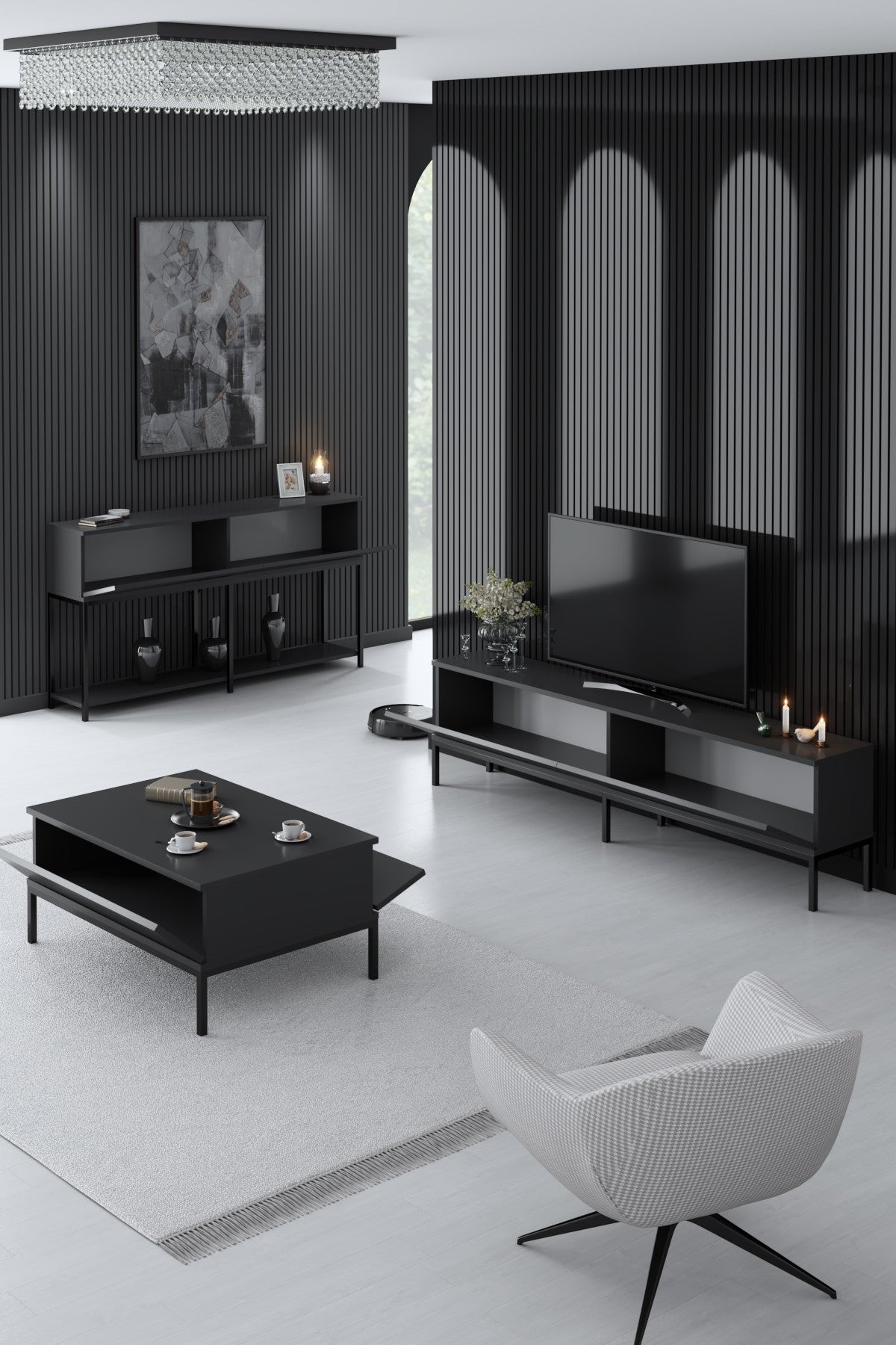 Meubelsets - Meubelset Antraciet Lord - Salontafel + TV Meubel + Dressoir - Zwart Frame - Dimehouse