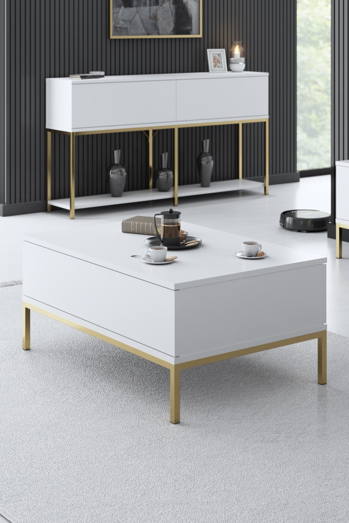 Meubelsets - Meubelset Wit Lord - Salontafel + TV Meubel + Dressoir - Gouden Frame - Dimehouse