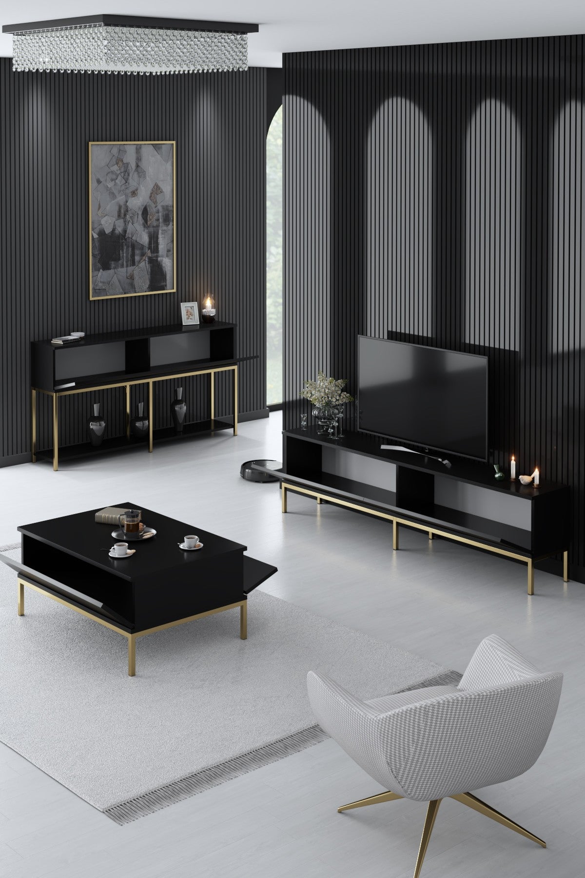 Meubelsets - Meubelset Zwart Lord - Salontafel + TV Meubel + Dressoir - Gouden Frame - Dimehouse