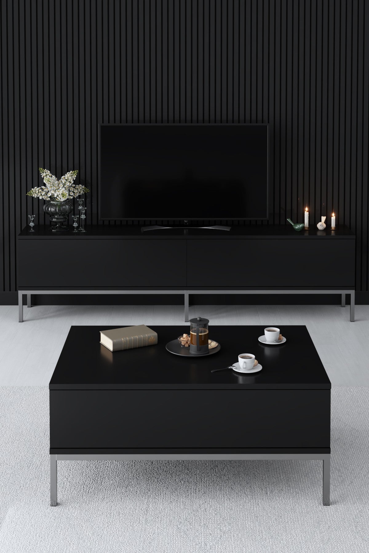 Meubelsets - Meubelset Zwart Lord - Salontafel + TV Meubel + Dressoir - Zilver Frame - Dimehouse