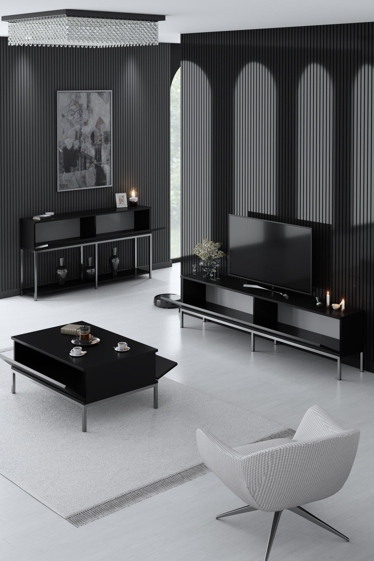 Meubelsets - Meubelset Zwart Lord - Salontafel + TV Meubel + Dressoir - Zilver Frame - Dimehouse