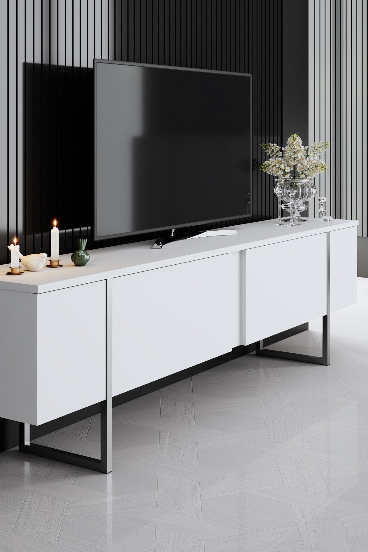 Meubelsets - Meubelset Wit Luxe - Salontafel + TV Meubel + Dressoir Luxe - Zilver Frame - Dimehouse