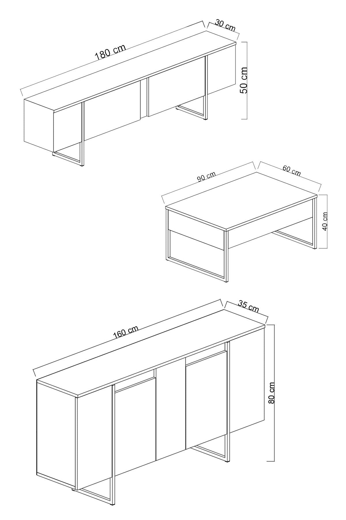 Meubelsets - Meubelset Walnoot Luxe - Salontafel + TV Meubel + Dressoir - Zilver Frame - Dimehouse