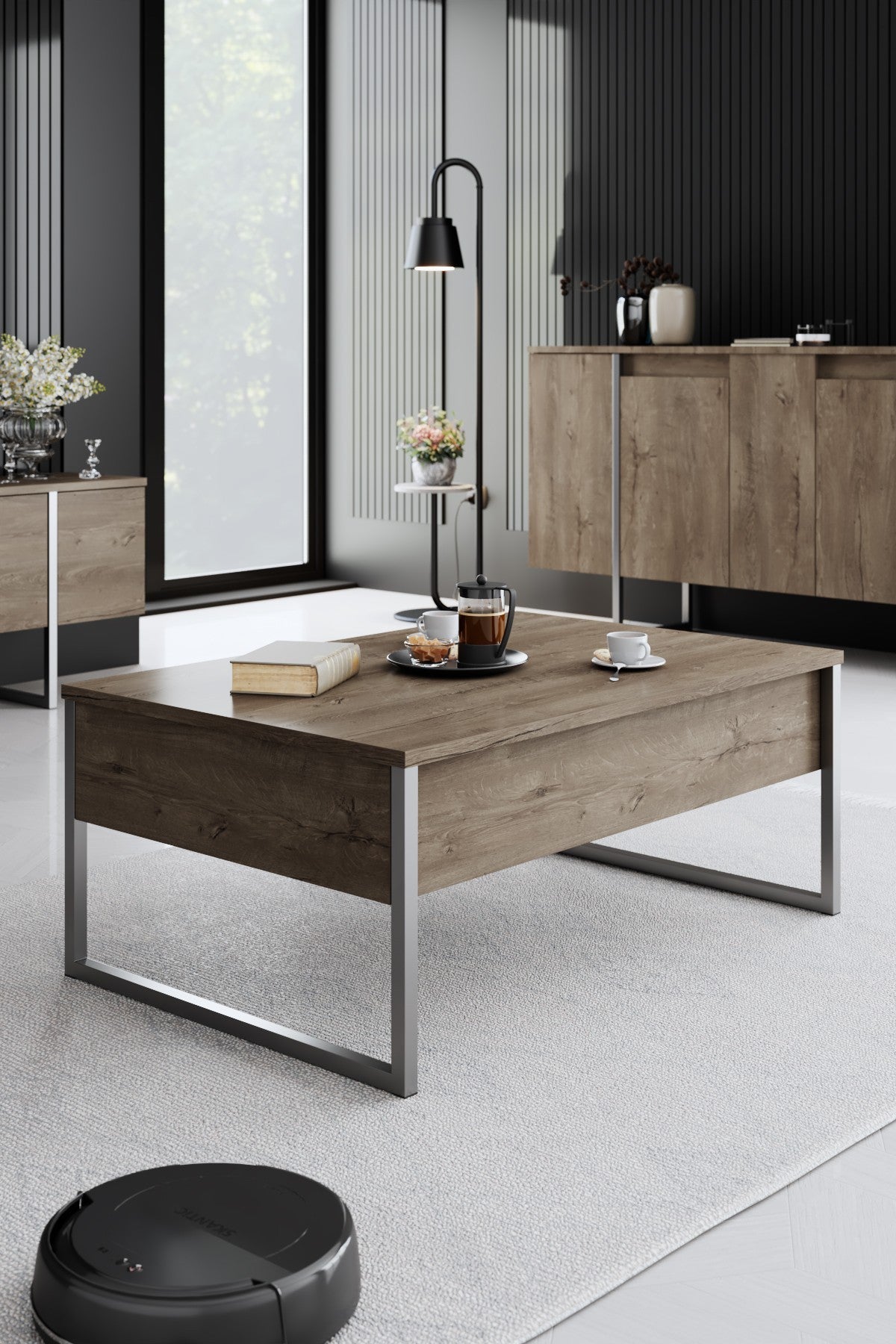 Meubelsets - Meubelset Walnoot Luxe - Salontafel + TV Meubel + Dressoir - Zilver Frame - Dimehouse