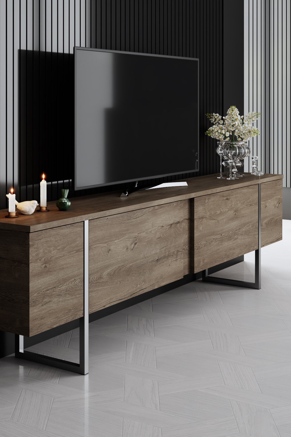 Meubelsets - Meubelset Walnoot Luxe - Salontafel + TV Meubel + Dressoir - Zilver Frame - Dimehouse