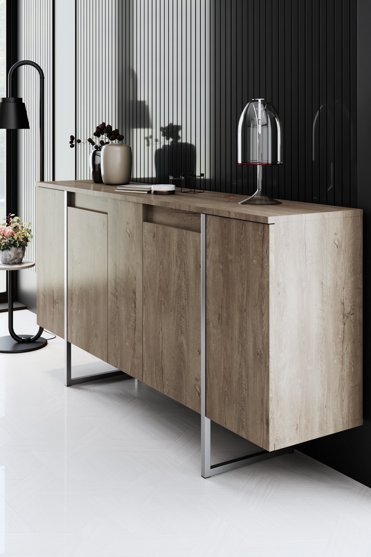 Meubelsets - Meubelset Walnoot Luxe - Salontafel + TV Meubel + Dressoir - Zilver Frame - Dimehouse